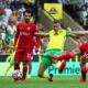 Pemain Liverpool Diogo Jota mencetak gol ke gawang Norwich City, Sabtu (14/8/2021)./Flashscore