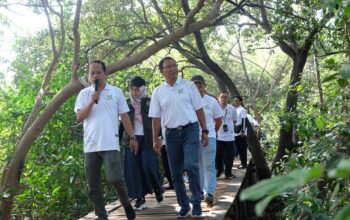 SEVP Operasi PG, I Ketut Rusnaya (kanan depan) saat meninjau Ekowisata Mangrove Kali Lamong di Desa Sukorejo